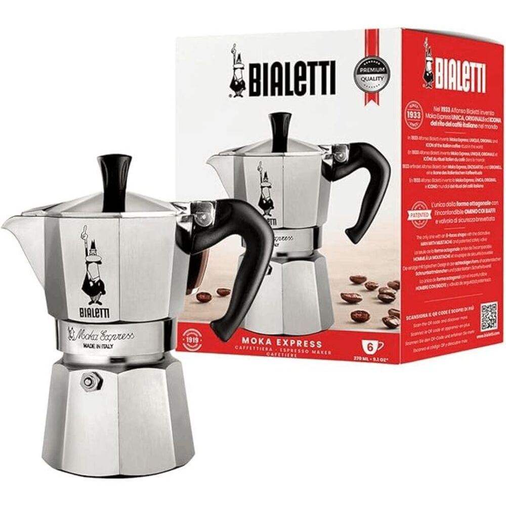 BIALETTI Moka Express Iconic Italian Stovetop Espresso Maker Silver, 6 Cups